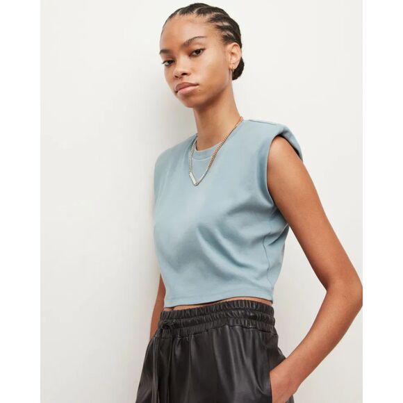 AllSaints Mika Cropped Tank Dusk Blue, Padded Shoulders, 98% Cotton, Size Small - Picture 3 of 6